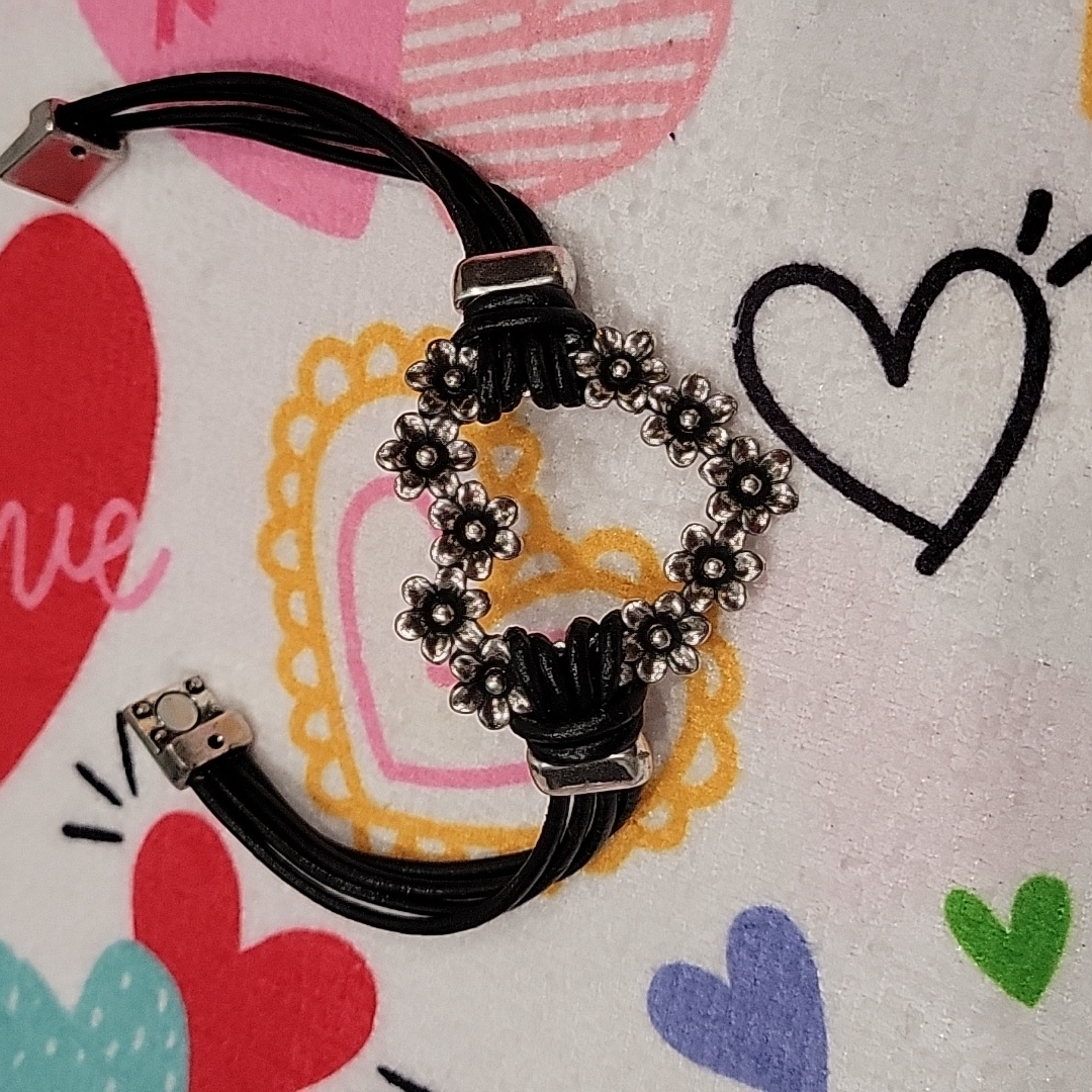 Magnetic Clasp, Faux Leather Bracelet With Large Heart Of Flowers.
